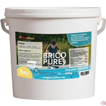 CHLORE EN GALETS POUR PISCINE 250 GR TRAITEMENT ET DÉSINFECTION LENTE SEAU 5 KG BRICOPURE