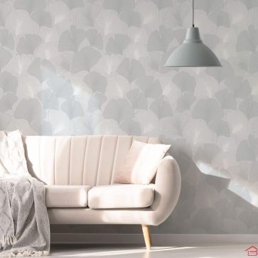 PAPIER PEINT FEUILLES DE GINKGO ARGENTÉES SUR FOND GRIS TEXTURÉ