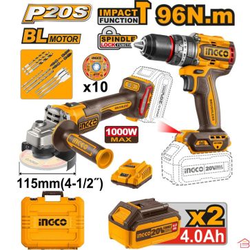KIT COMBINÉ SANS FIL 3 PIÈCES INGCO PACK MEULEUSE PERCEUSE 60 NM ET SOUFFLEUR 20 VOLTS