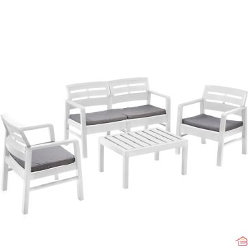 ENSEMBLE DE JARDIN 4 PLACES JAVA EN RÉSINE ASPECT ROTIN BLANC AVEC CANAPÉ 2 PLACES, 2 FAUTEUILS, TABLE BASSE ET COUSSINS