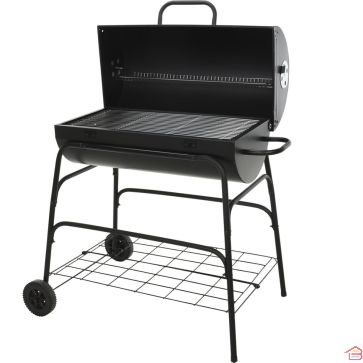 BARBECUE À CHARBON CYLINDRIQUE AVEC COUVERCLE SUR ROULETTES GRILLE 71 X 35 CM HAUTEUR DE CUISSON 79 CM STRUCTURE MÉTAL NOIR