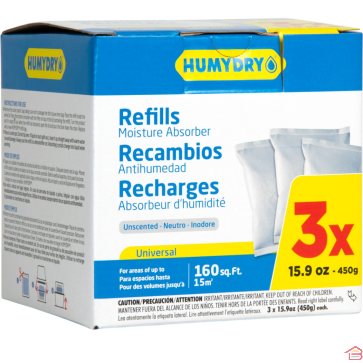 PACK DE 3 RECHARGES ABSORBEUR D’HUMIDITÉ HUMYDRY 450 GRAMMES PARFUM NEUTRE
