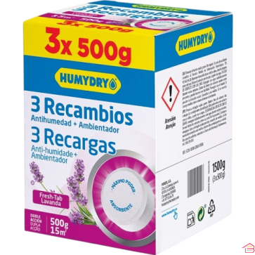 PACK DE 3 RECHARGES ABSORBEUR D’HUMIDITÉ HUMYDRY MEGA TAB 500 GRAMMES PARFUM LAVANDE