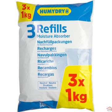 PACK ÉCONOMIQUE DE 3 RECHARGES ABSORBEUR D’HUMIDITÉ HUMYDRY 1 KILOGRAMME NATURE SANS PARFUM