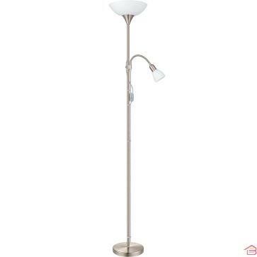 LAMPADAIRE UP 2 EN ACIER NICKEL MAT AVEC ABAT-JOUR EN VERRE BLANC ET PLASTIQUE, DESIGN CONTEMPORAIN ET LUMIÈRE MODULABLE