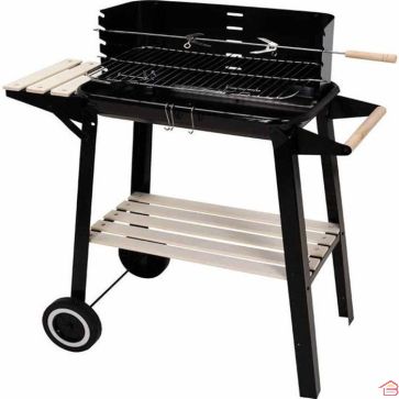 BARBECUE RECTANGULAIRE SUR PIED AVEC ROUES ET POIGNÉES EN BOIS 83 X 45 X 87 CENTIMÈTRES NOIR