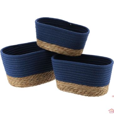 SET DE 3 PANIERS RECTANGLES COTON/BLEU/NATUREL