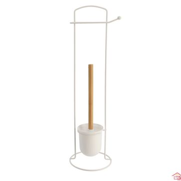 BROSSE ET DEROULEUR PAPIER WC METAL - BLANC/BAMBOU