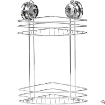 ÉTAGÈRE D'ANGLE EN MÉTAL 2 NIVEAUX SUR VENTOUSES CHROMÉE