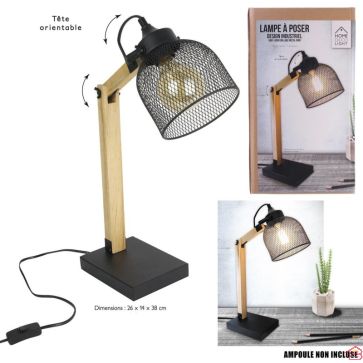 LAMPE À POSER EN MÉTAL NOIRE AVEC GRILLE ET BOIS 38 CM