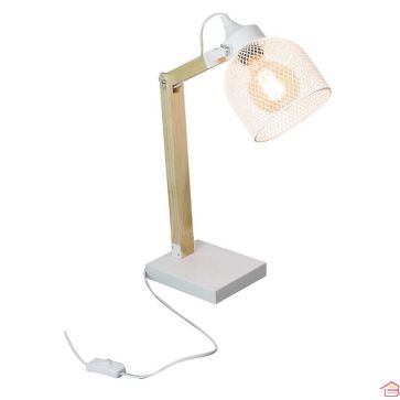 LAMPE À POSER EN MÉTAL BLANCHE AVEC GRILLE ET BOIS 38 CM