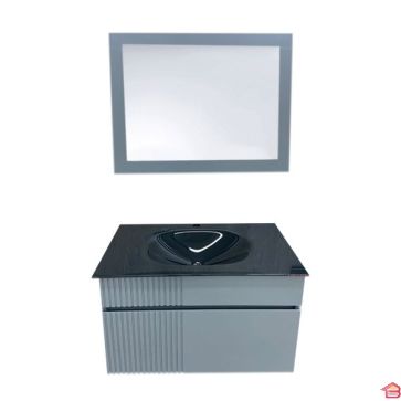 MEUBLE SDB BARDAGE 80CM GRIS/NOIR MDF VASQUE VERRE