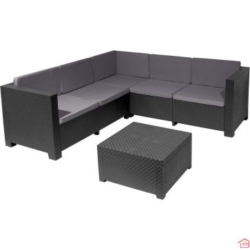 ENSEMBLE SALON DE JARDIN OASIS 5 PLACES EN RÉSINE COULEUR GRAPHITE AVEC TABLE BASSE