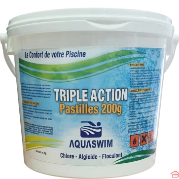 CHLORE MULTIFONCTION EN PASTILLES TRIPLE ACTION POUR PISCINE SEAU 5 KG GALETS 200 GR AQUASWIM