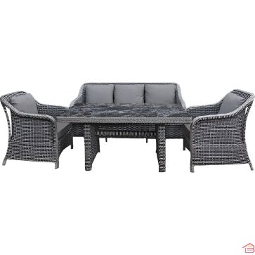 SALON DE JARDIN EN RÉSINE TRESSÉE GRIS LOFT AVEC CANAPÉ 3 PLACES, 2 FAUTEUILS ET TABLE HAUTE EN VERRE TREMPÉ
