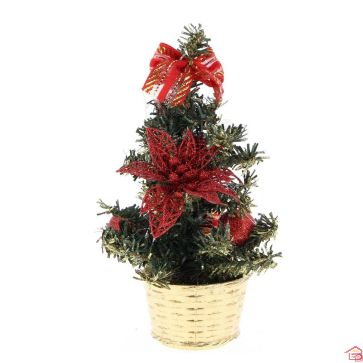 SAPIN DE TABLE DÉCORÉ AVEC FLEURS ET BOULES H20CM