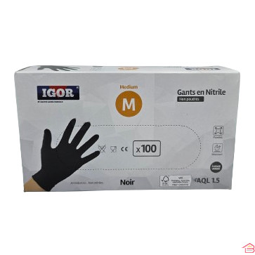 100 GANTS EN NITRILE NOIR MEDIUM NON POUDRÉS IGOR