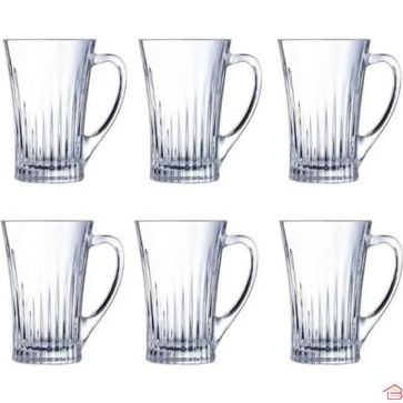 LOT DE 6 MUGS 16 CL EN VERRE TRANSPARENT AVEC POIGNÉE MODÈLE CARAT LUMINARC