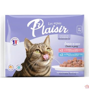 ALIMENT HUMIDE COMPLET POUR CHAT ADULTE ET STÉRILISÉ MULTISAVEURS POISSON 4 SACHETS DE 85 GR