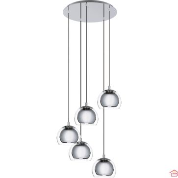 SUSPENSION LUMINAIRE DESIGN EN ACIER CHROMÉ ROCAMAR 5 ABAT-JOURS VERRE TRANSPARENT