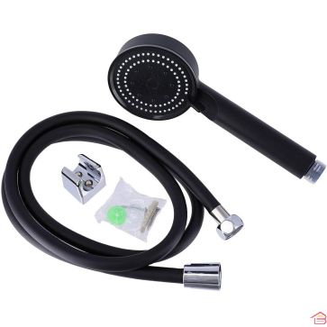 KIT DOUCHETTE 5 FONCTIONS AVEC FLEXIBLE NOIR EN PVC 150 CM ET SUPPORT CHROME