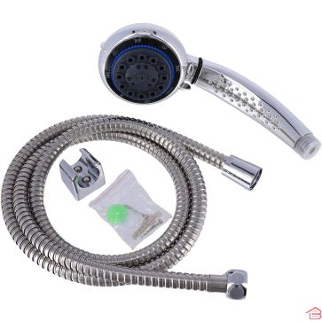 KIT DOUCHETTE 5 FONCTIONS AVEC FLEXIBLE EN ACIER INOXYDABLE 150 CM ET SUPPORT CHROME