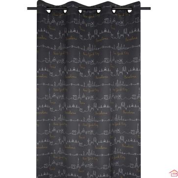 RIDEAU OCCULTANT IMPRIMÉ VILLES DU MONDE COLORIS ANTHRACITE AVEC ŒILLETS 140 X 260 CM