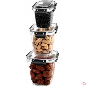 SET DE 3 BOÎTES HERMÉTIQUES EN PLASTIQUE TRANSPARENT AVEC COUVERCLE À CLIP ET JOINT EN SILICONE