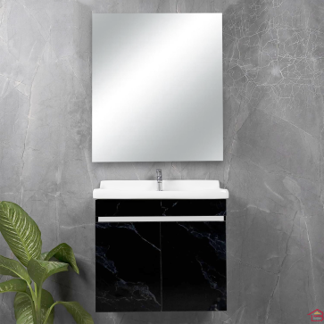 MEUBLE DE SALLE DE BAIN 60 CM EFFET MARBRE NOIR AVEC VASQUE EN CÉRAMIQUE BLANCHE ET MIROIR ASSORTI