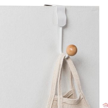 PATÈRE BLANCHE AVEC CROCHET EN BOIS NATUREL SANS FIXATION POUR PORTE JUSQU'À 4,5 CM