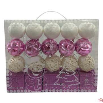 ENSEMBLE DE 20 DÉCORATIONS MIXTES POUR SAPIN ROSE ET BLANC