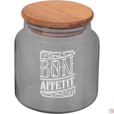 BOÎTE DE RANGEMENT TRANSPARENTE EN VERRE 635 ML GRIS AVEC IMPRIMÉ BON APPÉTIT