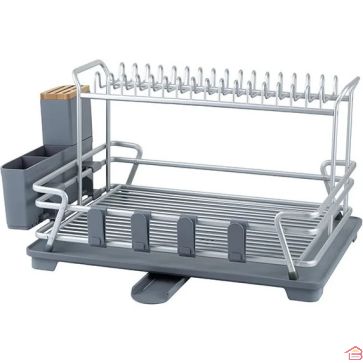 ÉGOUTTOIR À VAISSELLE RECTANGULAIRE EN ALUMINIUM AVEC PLATEAU ET PORTE-COUVERTS INOXYDABLE