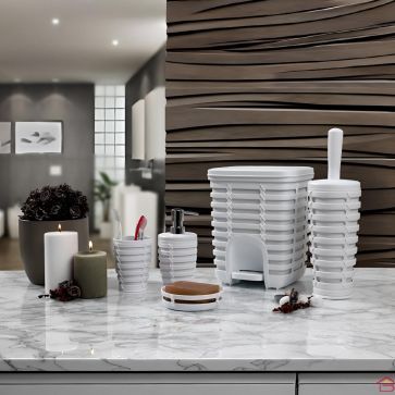 ENSEMBLE SALLE DE BAIN 5 PIÈCES EN PLASTIQUE BLANC AVEC FINITION TRESSÉE PALM