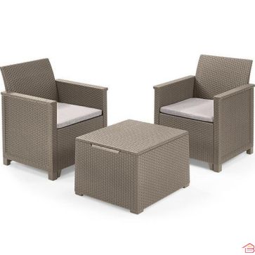 SALON DE JARDIN KETER EMMA 2 FAUTEUILS EN RÉSINE AVEC TABLE BASSE COFFRE DE RANGEMENT BEIGE