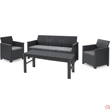 SALON DE JARDIN KETER EMMA 5 PLACES EN RÉSINE TRESSÉE GRIS GRAPHITE AVEC TABLE BASSE REHAUSSABLE ET COUSSINS