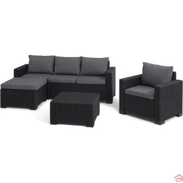 SALON DE JARDIN KETER MOOREA 5 PLACES EN RÉSINE TRESSÉE GRIS GRAPHITE AVEC TABLE BASSE ET COUSSINS