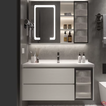 MEUBLE DE SALLE DE BAIN 80 CM BLANC ET NOIR PLYWOOD + VASQUE + MIROIR