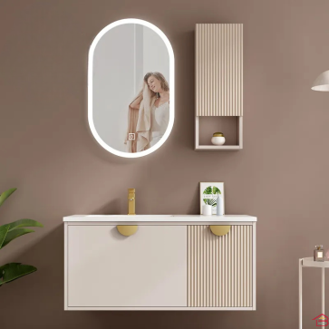MEUBLE DE SALLE DE BAIN BLANC ET BEIGE PLYWOOD 80 CM AVEC COLONNE ET MIROIR