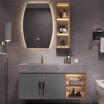 MEUBLE DE SALLE DE BAIN GRIS PLYWOOD 80 CM AVEC COLONNE ROCK ET MIROIR