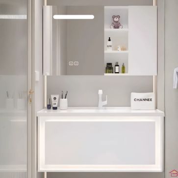 MEUBLE SDB BLANC PLYWOOD 60 CM AVEC RANGEMENT ET MIROIR