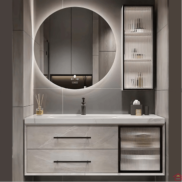 MEUBLE DE SALLE DE BAIN GRIS ET NOIR PLYWOOD 80 CM AVEC COLONNE ET MIROIR