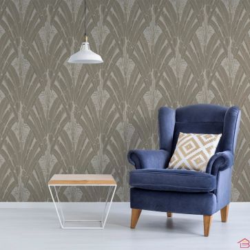 PAPIER PEINT FEUILLES TROPICALES BEIGE ET DORÉ ART DÉCO