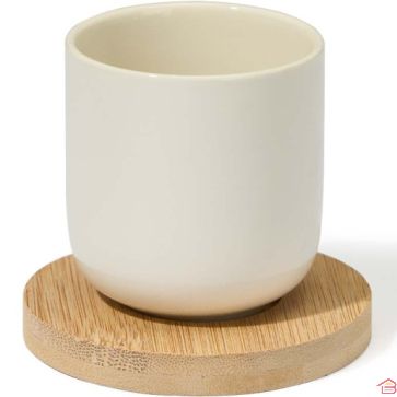LOT DE 4 TASSES À CAFÉ AVEC SOUS-TASSES EN BAMBOU ET CÉRAMIQUE BLANCHE