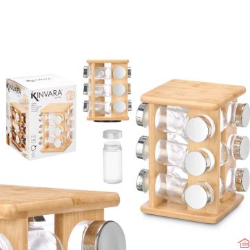 PORTE-ÉPICES ROTATIF EN BAMBOU AVEC 12 POTS EN VERRE