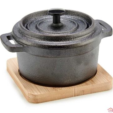 MINI-MARMITE EN FONTE NOIRE AVEC PLATEAU EN BAMBOU
