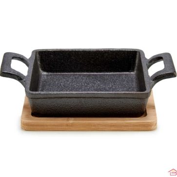 PETITE POÊLE CARRÉE EN FONTE AVEC PLATEAU EN BAMBOU
