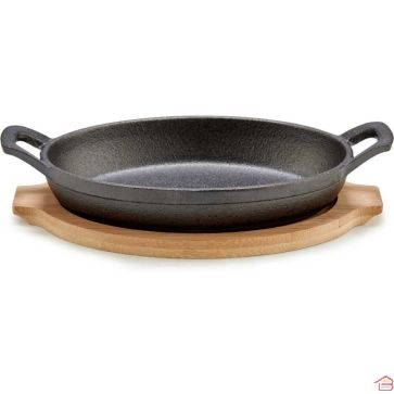 PETITE POÊLE OVALE EN FONTE AVEC PLATEAU EN BAMBOU