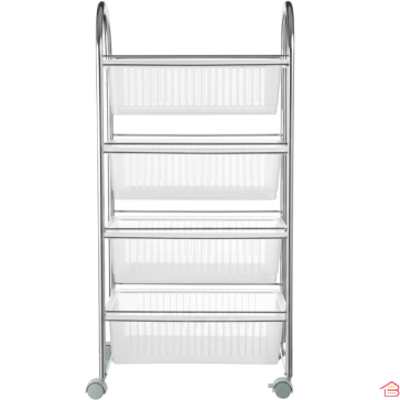 CHARIOT DE CUISINE 4 NIVEAUX EN MÉTAL ET PLASTIQUE AVEC ROULETTES ET CROCHETS DE RANGEMENT