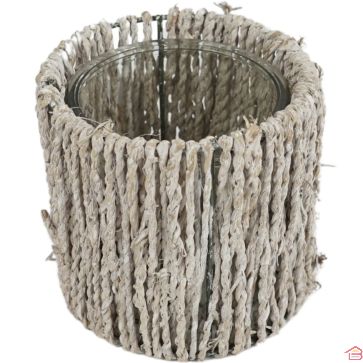 PHOTOPHORE VINSLO BLANC EN MÉTAL ET OSIER 12 CM AVEC SUPPORT EN VERRE AMOVIBLE
